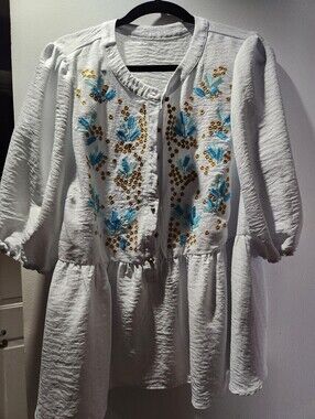 White Embroidered Floral Top with Blue Accents